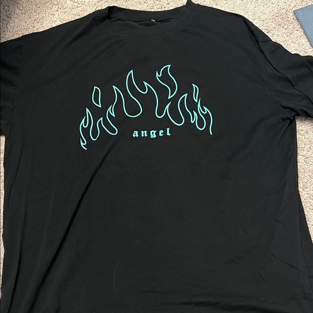 Black Graphic Tee with Lime Green Flame Design